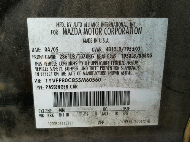 1YVFP80C855M60560 - 2005 MAZDA 6 I BLACK photo 10