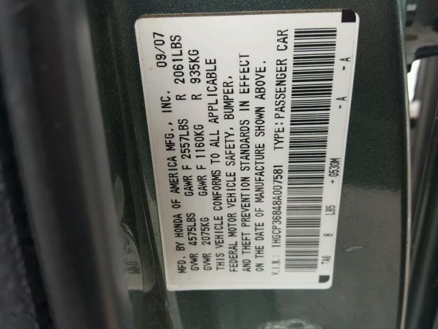 1HGCP36848A007581 - 2008 HONDA ACCORD EXL GREEN photo 10