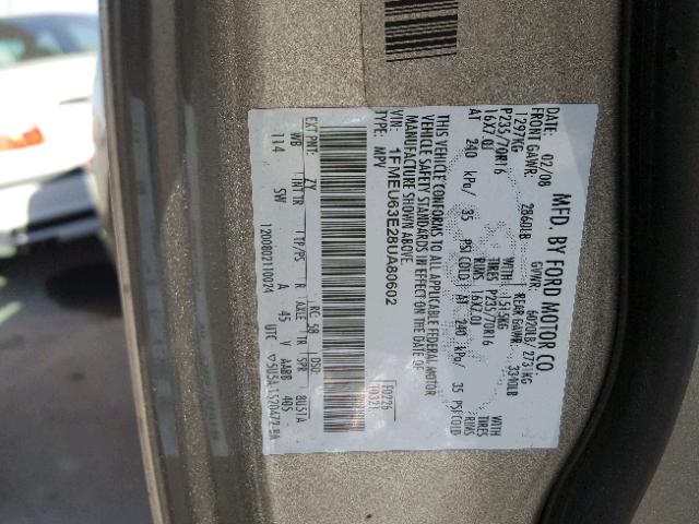 1FMEU63E28UA80602 - 2008 FORD EXPLORER X SILVER photo 10