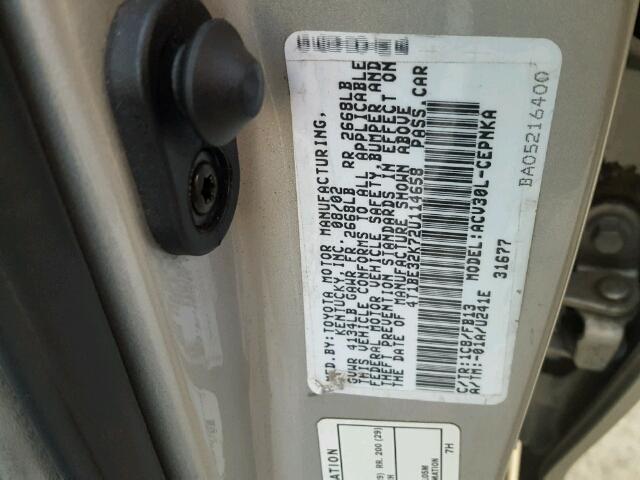 4T1BE32K72U114658 - 2002 TOYOTA CAMRY LE CREAM photo 10