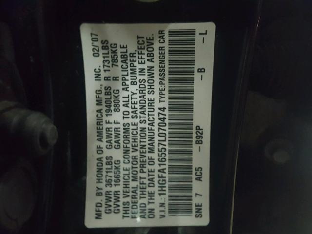 1HGFA16557L070474 - 2007 HONDA CIVIC LX BLACK photo 10