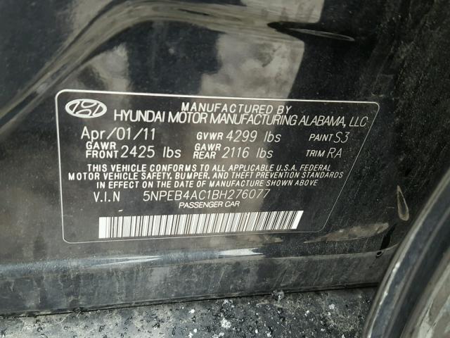 5NPEB4AC1BH276077 - 2011 HYUNDAI SONATA GLS BLACK photo 10