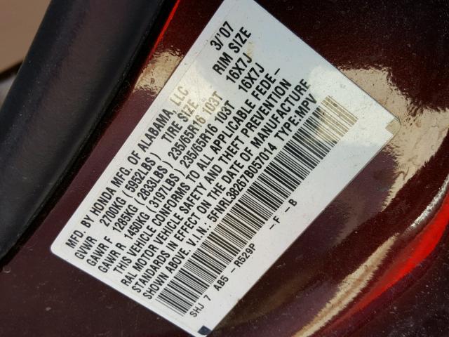 5FNRL38267B057014 - 2007 HONDA ODYSSEY LX RED photo 10