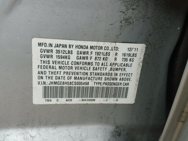 JHMGE8H58CS005498 - 2012 HONDA FIT SPORT SILVER photo 10