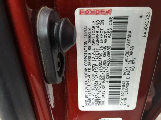 JTDBE32K420029630 - 2002 TOYOTA CAMRY LE RED photo 10