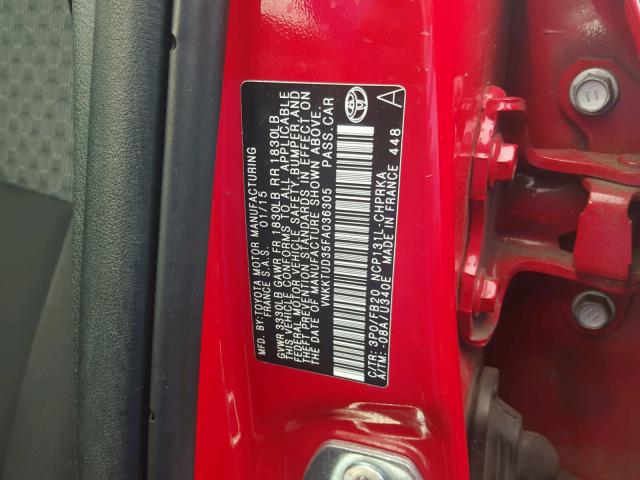 VNKKTUD35FA036305 - 2015 TOYOTA YARIS RED photo 10