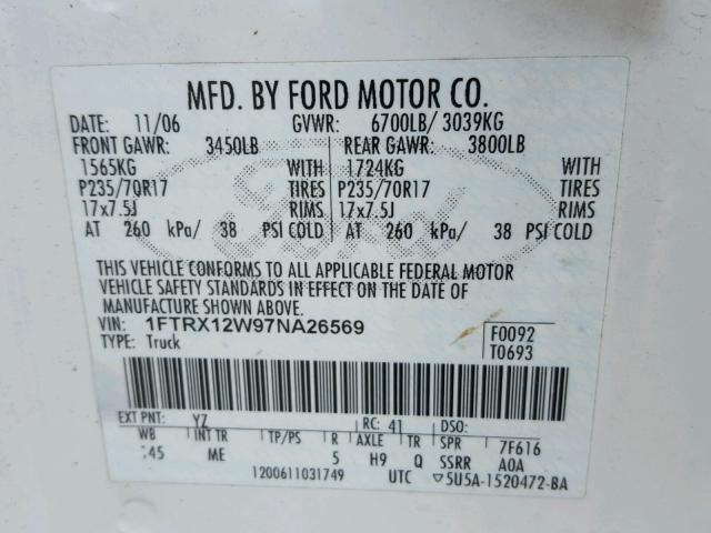 1FTRX12W97NA26569 - 2007 FORD F150 WHITE photo 10