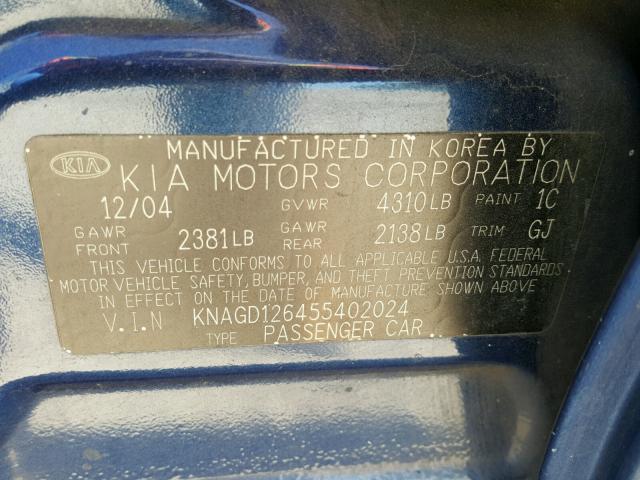 KNAGD126455402024 - 2005 KIA OPTIMA LX BLUE photo 10