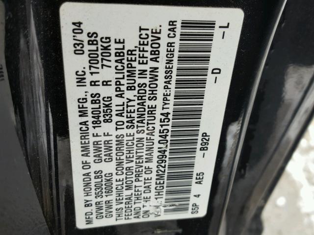 1HGEM22994L045154 - 2004 HONDA CIVIC EX BLACK photo 10