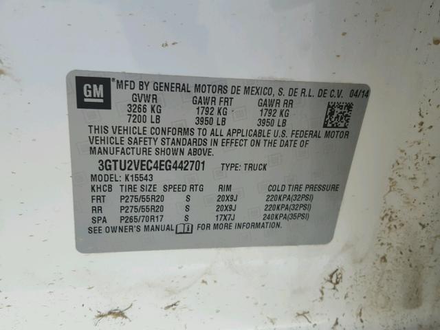 3GTU2VEC4EG442701 - 2014 GMC SIERRA K15 WHITE photo 10