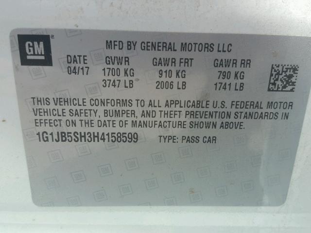 1G1JB5SH3H4158599 - 2017 CHEVROLET SONIC LS 白色 照片 10