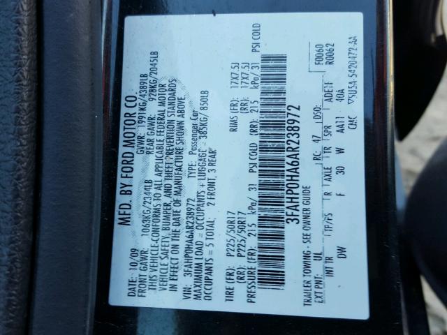 3FAHP0HA6AR238972 - 2010 FORD FUSION SE BLACK photo 10