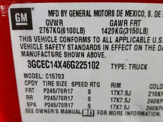 3GCEC14X46G225102 - 2006 CHEVROLET SILVERADO RED photo 10