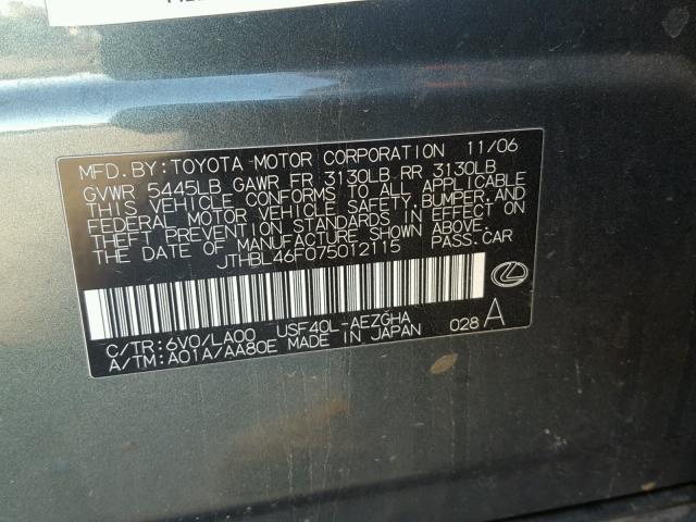 JTHBL46F075012115 - 2007 LEXUS LS 460 GRAY photo 10