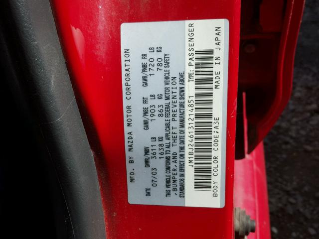 JM1BJ246131214851 - 2003 MAZDA PROTEGE PR RED photo 10