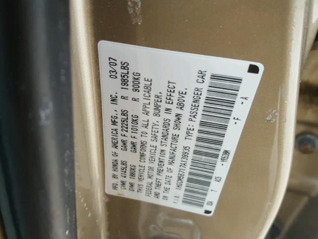 1HGCM56717A139935 - 2007 HONDA ACCORD EX GOLD photo 10