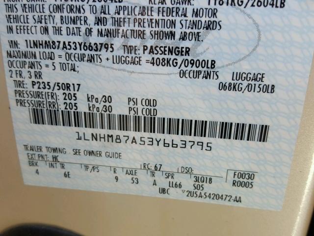 1LNHM87A53Y663795 - 2003 LINCOLN LS 奶油色 照片 10