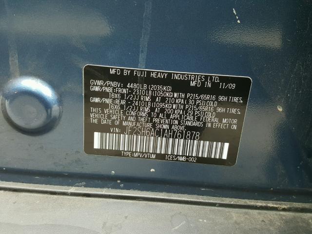 JF2SH6AC1AH761878 - 2010 SUBARU FORESTER 2 BLUE photo 10