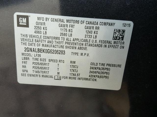 2GNALBEK0G6206283 - 2016 CHEVROLET EQUINOX LS GRAY photo 10