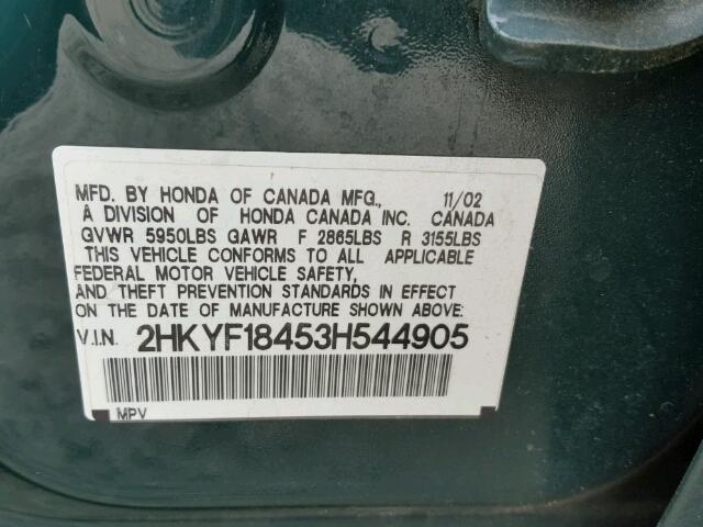 2HKYF18453H544905 - 2003 HONDA PILOT EX GREEN photo 10