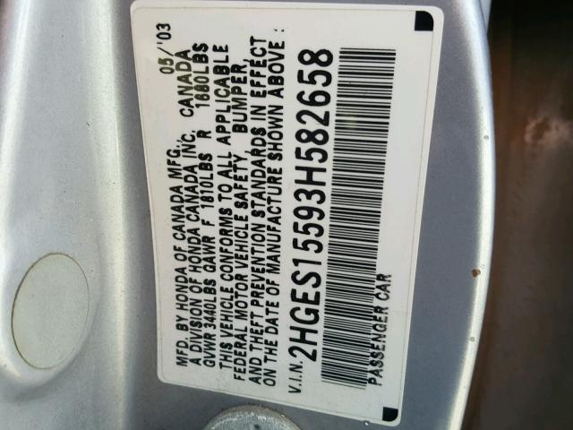 2HGES15593H582658 - 2003 HONDA CIVIC LX SILVER photo 10