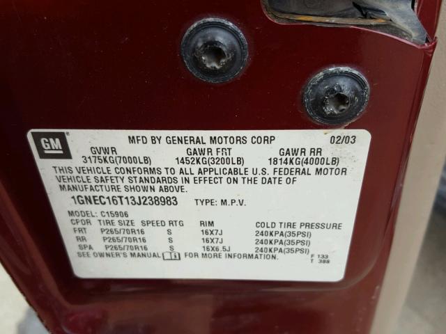 1GNEC16T13J238983 - 2003 CHEVROLET SUBURBAN C RED photo 10