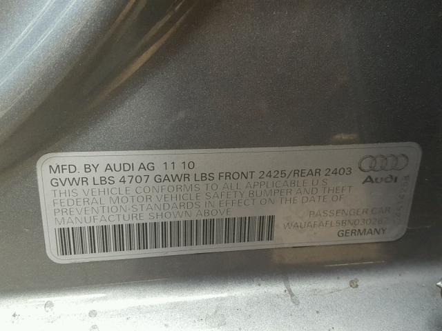 WAUAFAFL5BN030267 - 2011 AUDI A4 PREMIUM GRAY photo 10