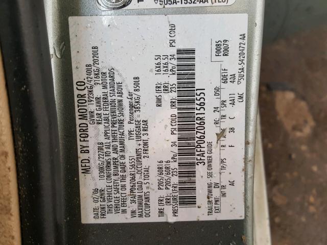 3FAFP06Z06R156551 - 2006 FORD FUSION S GREEN photo 10