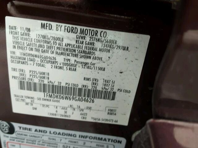 1FMDK06W69GA04626 - 2009 FORD TAURUS X L MAROON photo 10