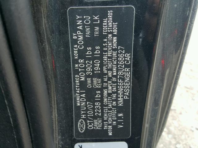 KMHHN66F78U268627 - 2008 HYUNDAI TIBURON GT BLACK photo 10