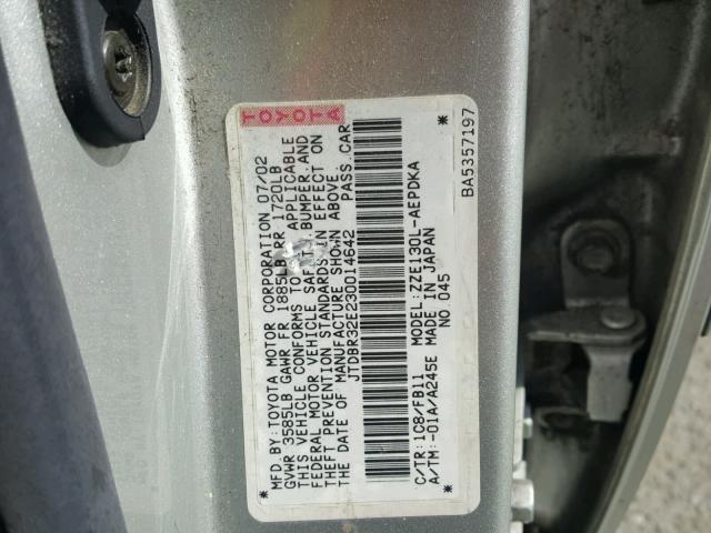 JTDBR32E230014642 - 2003 TOYOTA COROLLA CE SILVER photo 10