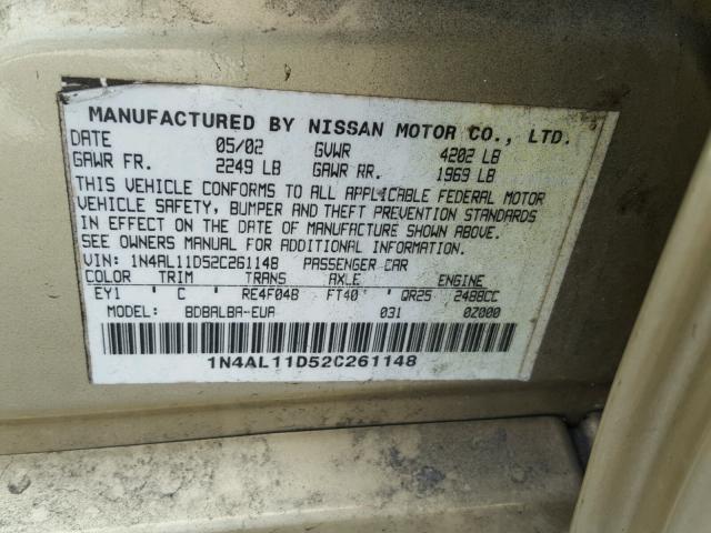 1N4AL11D52C261148 - 2002 NISSAN ALTIMA BAS BEIGE photo 10