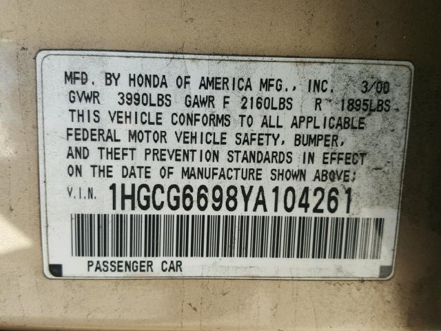 1HGCG6698YA104261 - 2000 HONDA ACCORD SE GOLD photo 10