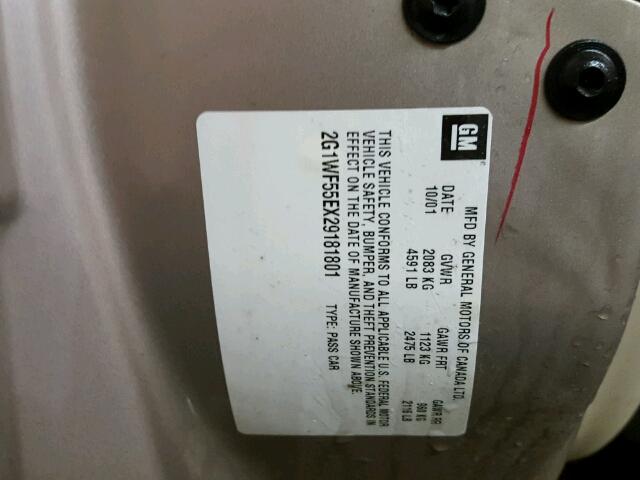 2G1WF55EX29181801 - 2002 CHEVROLET IMPALA 棕色 照片 10