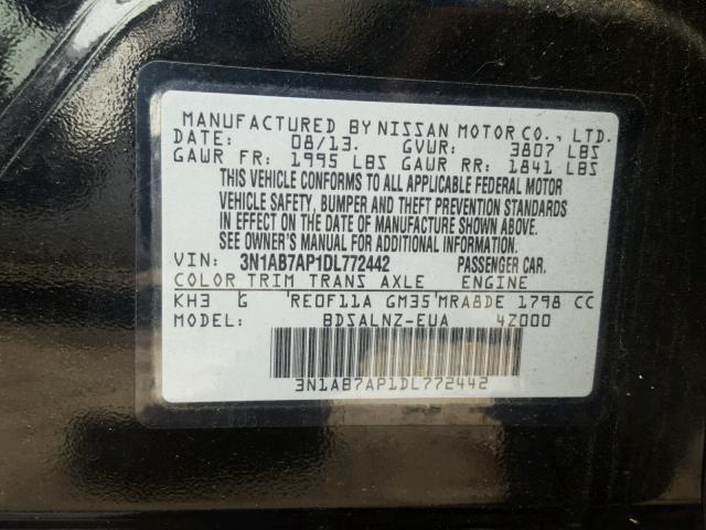 3N1AB7AP1DL772442 - 2013 NISSAN SENTRA S BLACK photo 10