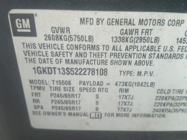 1GKDT13S522278108 - 2002 GMC ENVOY GREEN photo 10