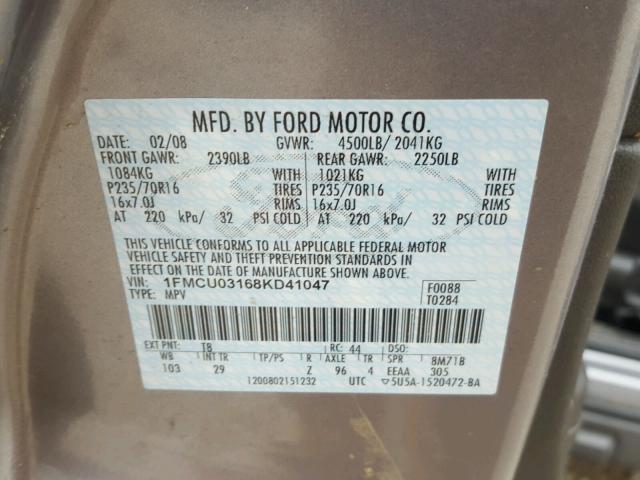 1FMCU03168KD41047 - 2008 FORD ESCAPE XLT GRAY photo 10