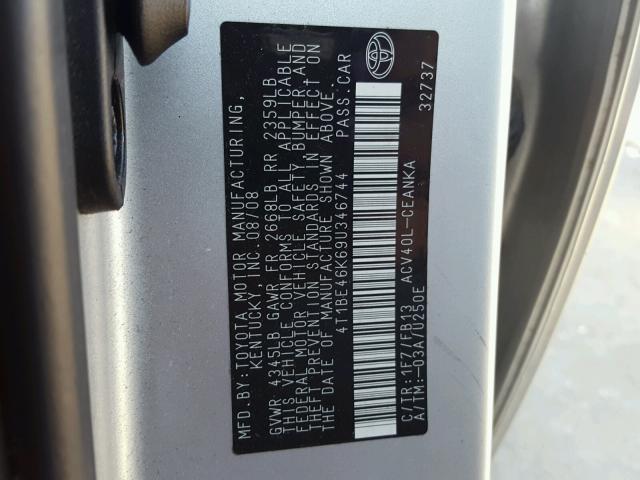 4T1BE46K69U346744 - 2009 TOYOTA CAMRY BASE SILVER photo 10