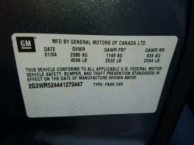 2G2WR524441279447 - 2004 PONTIAC GRAND PRIX GRAY photo 10