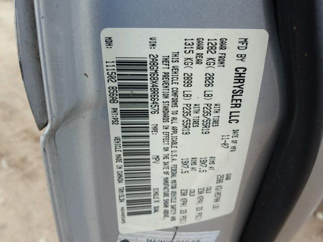 2A8GM68X48R664576 - 2008 CHRYSLER PACIFICA T SILVER photo 10