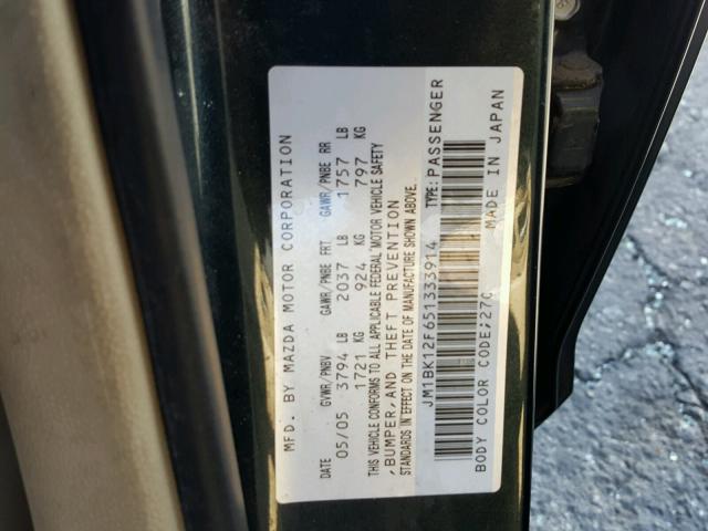 JM1BK12F651333914 - 2005 MAZDA 3 I GREEN photo 10