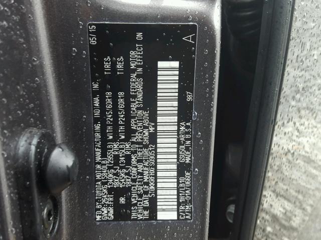 5TDKKRFHXFS090512 - 2015 TOYOTA HIGHLANDER GRAY photo 10