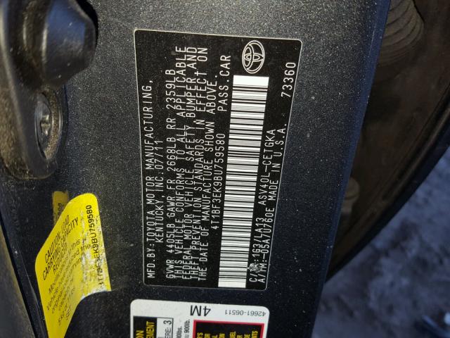 4T1BF3EK9BU759580 - 2011 TOYOTA CAMRY BASE GRAY photo 10