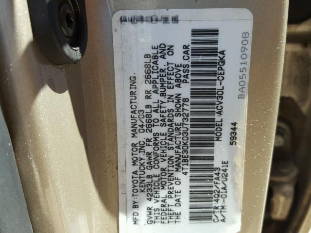 4T1BE30K03U732778 - 2003 TOYOTA CAMRY LE GOLD photo 10