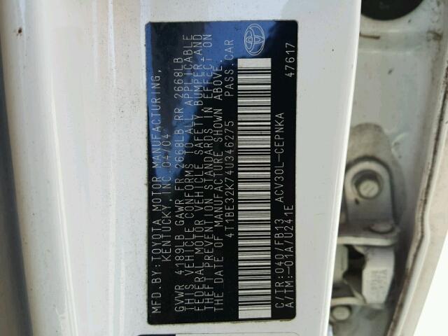 4T1BE32K74U346275 - 2004 TOYOTA CAMRY LE WHITE photo 10