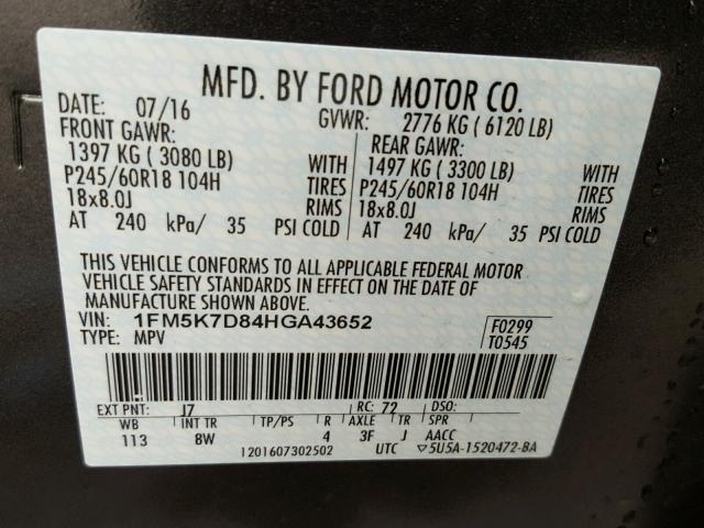 1FM5K7D84HGA43652 - 2017 FORD EXPLORER X CHARCOAL photo 10