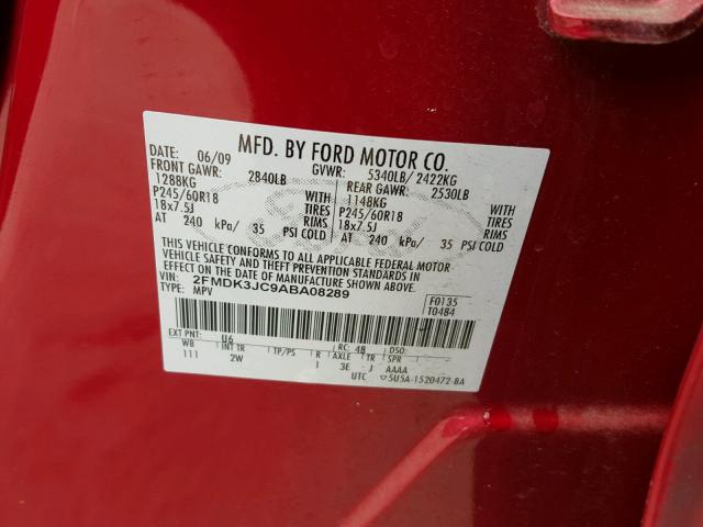 2FMDK3JC9ABA08289 - 2010 FORD EDGE SEL BURGUNDY photo 10