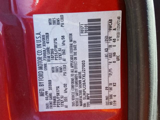 5LMPU28A7XLJ27003 - 1999 LINCOLN NAVIGATOR მუქწითელი ფოტო 10