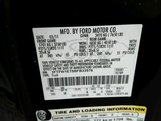 1FTFW1ET5BFB33578 - 2011 FORD F150 SUPER BLACK photo 10