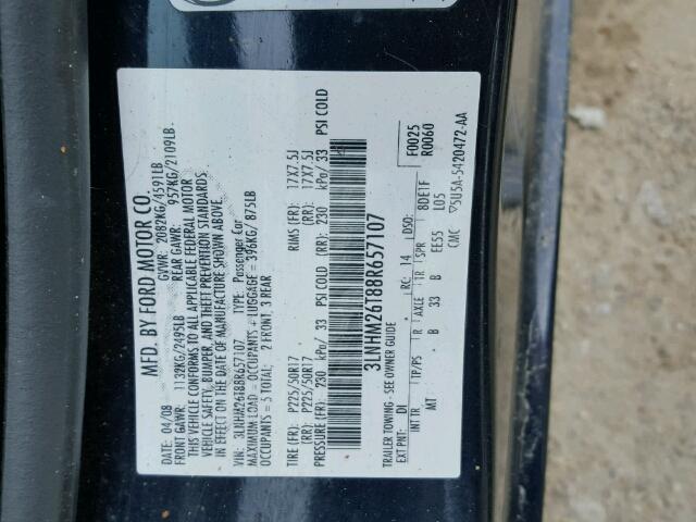 3LNHM26T88R657107 - 2008 LINCOLN MKZ BLUE photo 10